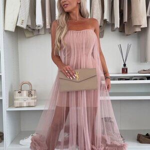 Tulle Tube Maxi Dress | Strapless Sheath Solid Tiered Mesh Dress